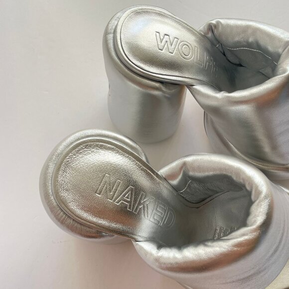 Naked Wolfe Wow Silver Leather Platform Sandals Size 7 Padded Heel Embossed Logo - Picture 2 of 6